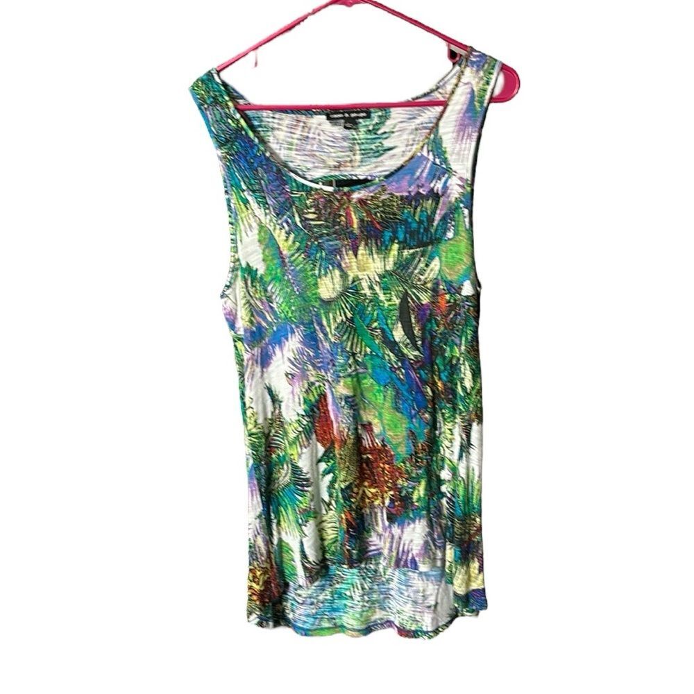 Cable & Gauge Women’s Green Tropical Palm Print Open Back Tunic Tank Top Size L